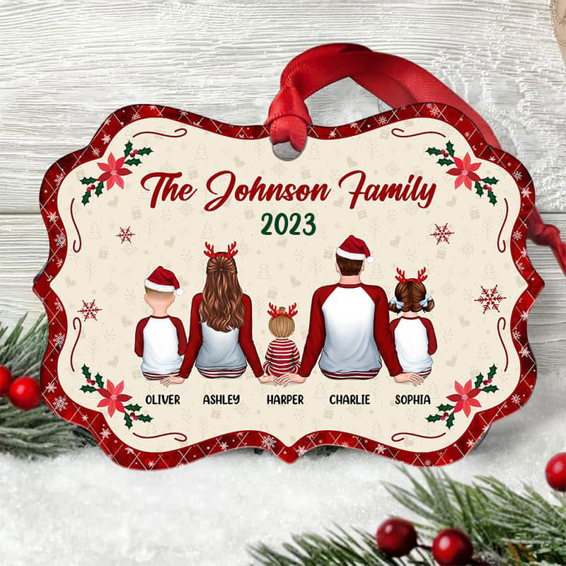 Pajamas Family Sitting Back View Christmas Vibe Red Border Personalized Christmas Ornament - Image 2