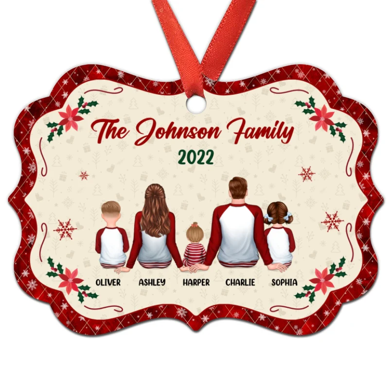 Pajamas Family Sitting Back View Christmas Vibe Red Border Personalized Christmas Ornament - Image 3