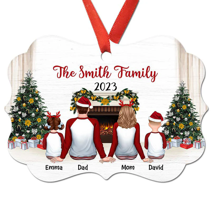 Pajamas Family Sitting In Fireplace Christmas Tree Personalized Christmas Ornament