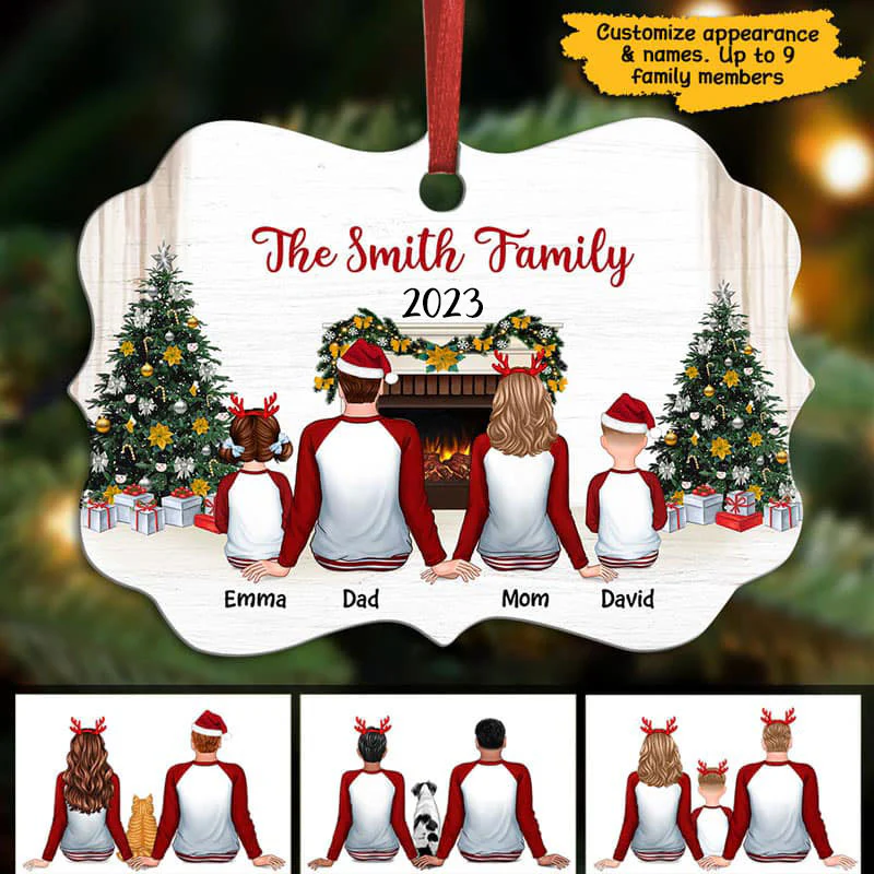 Pajamas Family Sitting In Fireplace Christmas Tree Personalized Christmas Ornament - Image 2