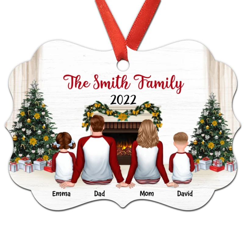 Pajamas Family Sitting In Fireplace Christmas Tree Personalized Christmas Ornament - Image 3