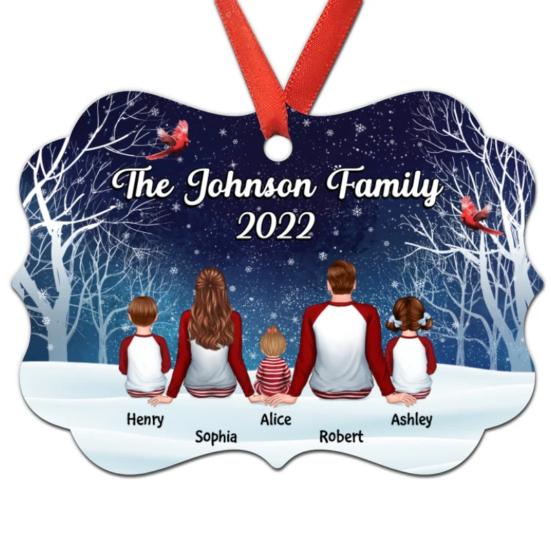 Pajamas Family Sitting In Snow Cardinal Tree Personalized Christmas Ornament - Image 3