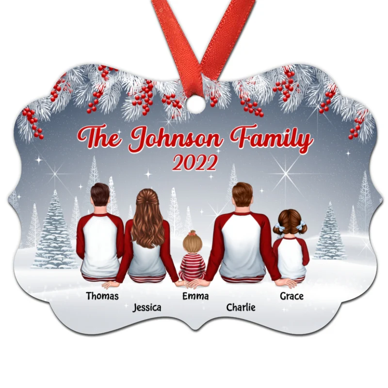 Pajamas Family Sitting In Winter Background Spruce Branch Personalized Christmas Ornament - Image 3