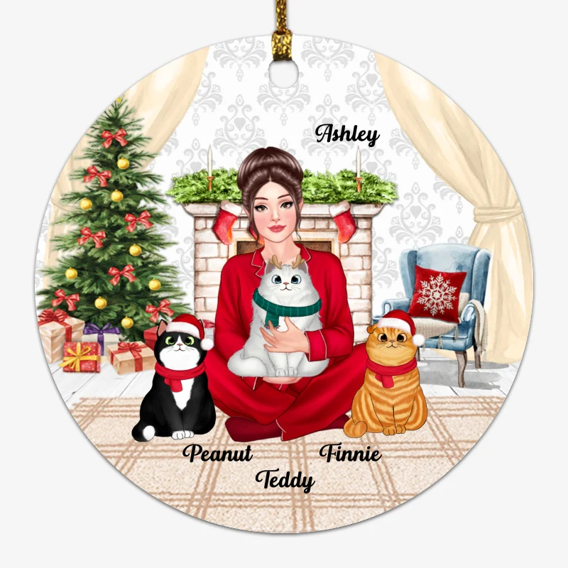 Pajamas Pretty Cat Mom Personalized Circle Ornament - Image 2