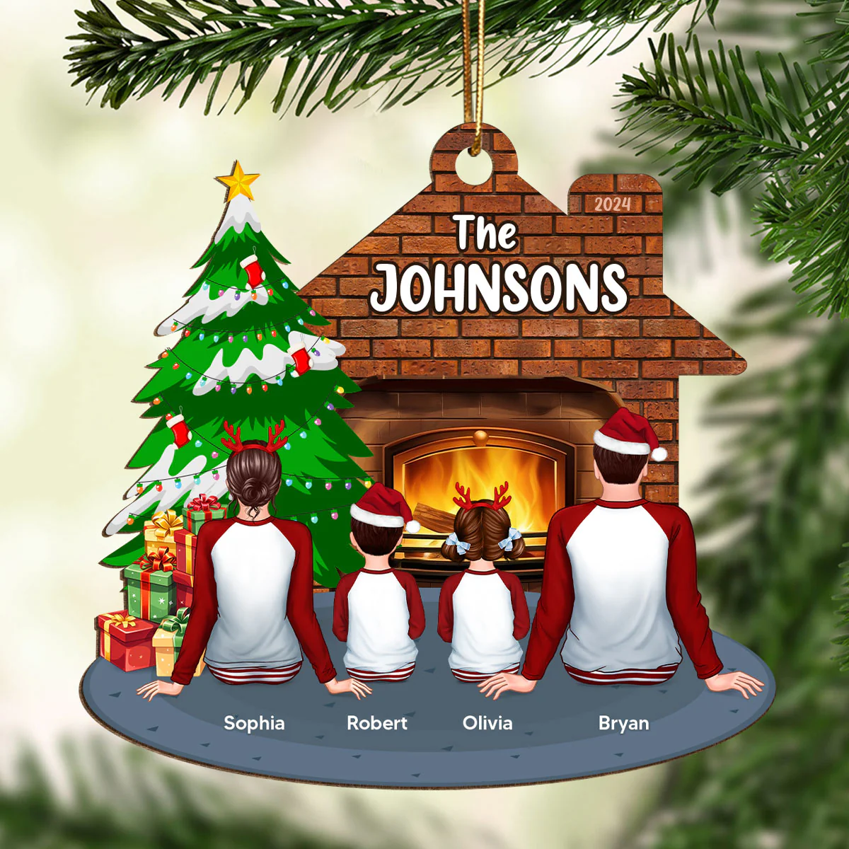 Pajamas Whole Family Sitting At Fireplace Personalized Wooden Ornament - Image 2