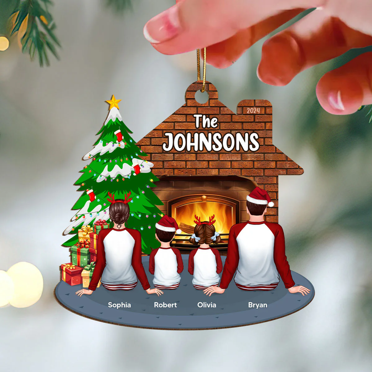 Pajamas Whole Family Sitting At Fireplace Personalized Wooden Ornament - Image 3