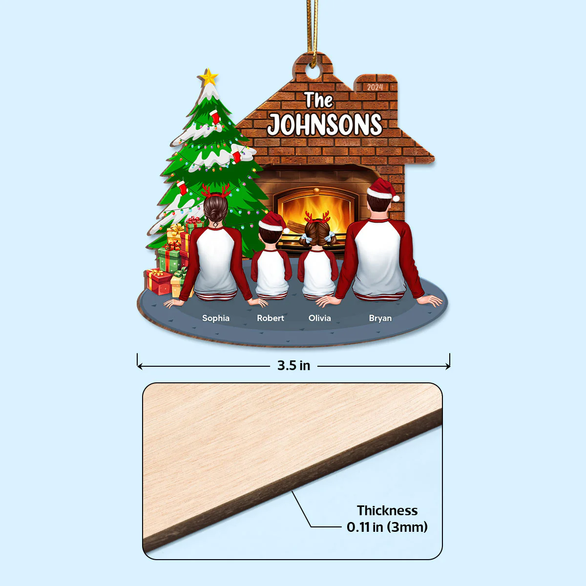 Pajamas Whole Family Sitting At Fireplace Personalized Wooden Ornament - Image 4