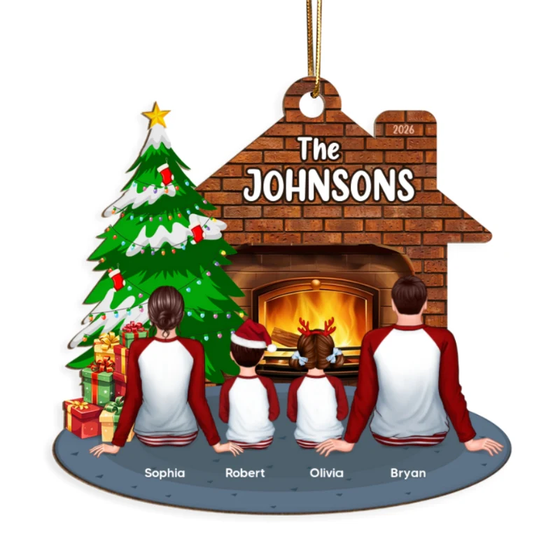 Pajamas Whole Family Sitting At Fireplace Personalized Wooden Ornament - Image 5