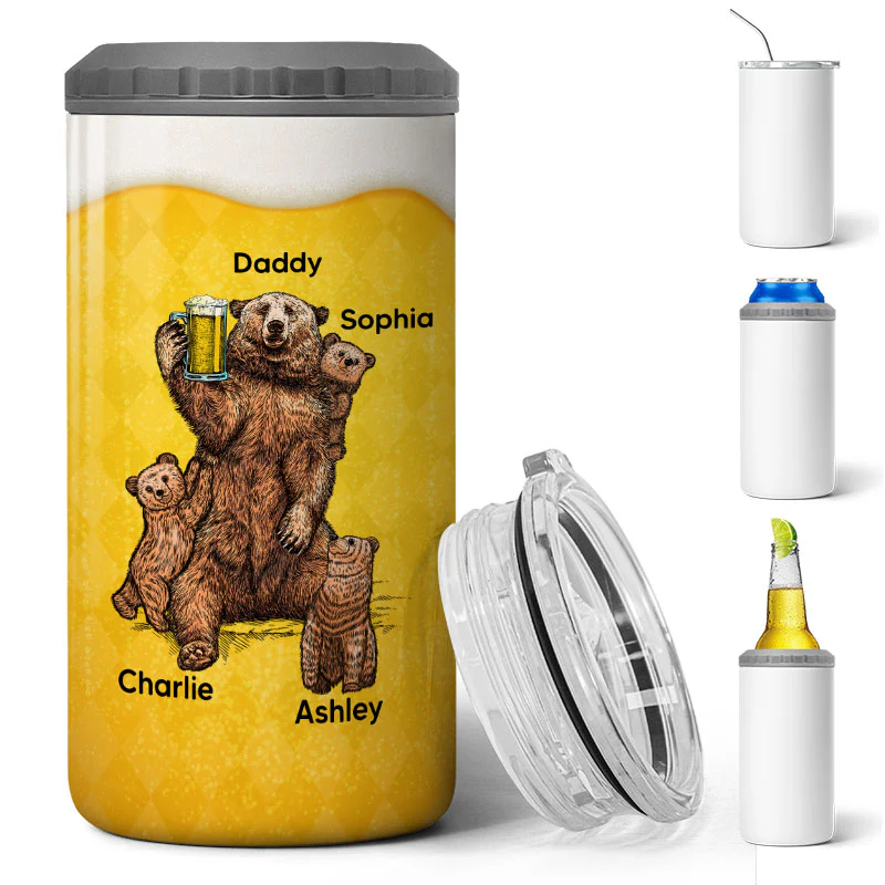Papa Bear Beer Funny Gift For Dad Grandpa Personalized 4 In 1 Can Cooler - Image 2