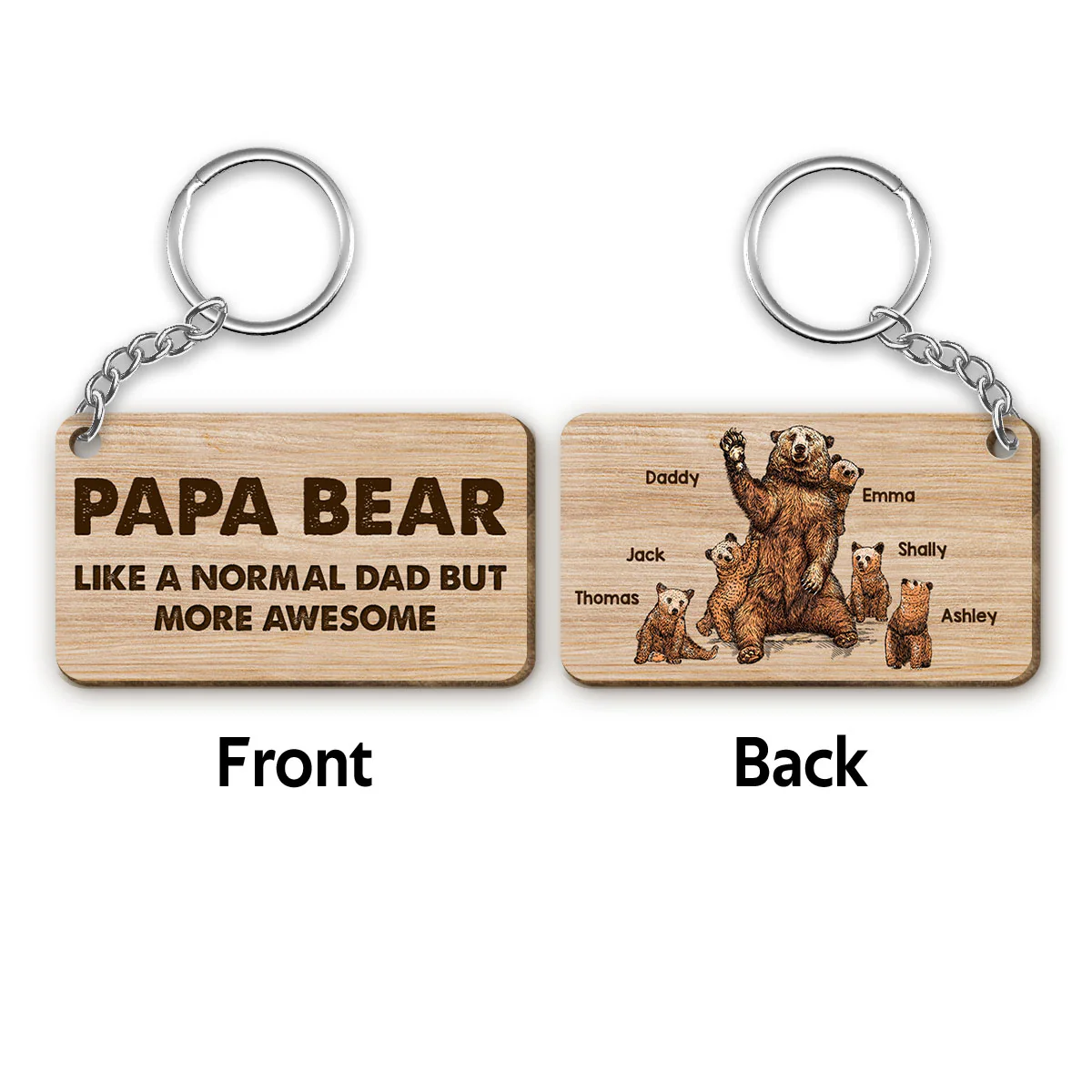 Papa Daddy Bear Family Personalized Wooden Keychain