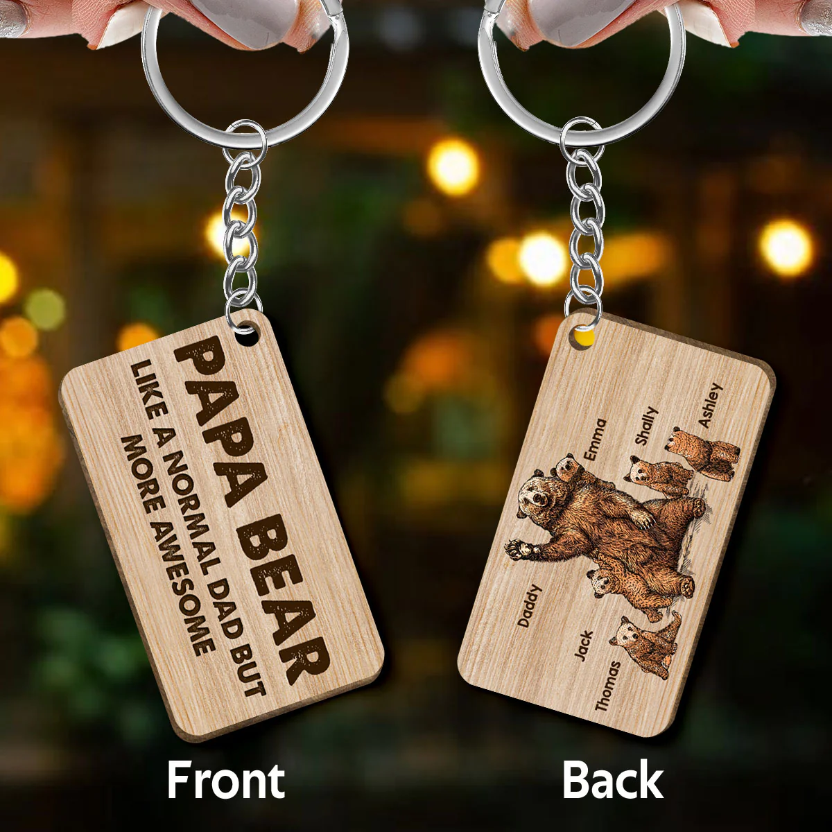 Papa Daddy Bear Family Personalized Wooden Keychain - Image 3