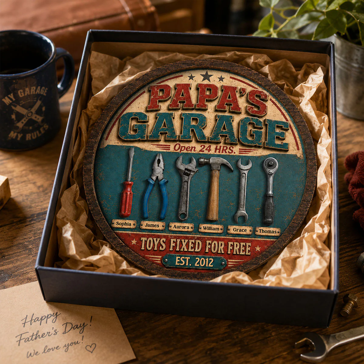 Papa Dad's Garage Toys Fixed For Free Custom Kid Name 2D Flat - Personalized 2-Layered Wooden Plaque - Gift For Mechanic Dad, Grandpa - Image 3