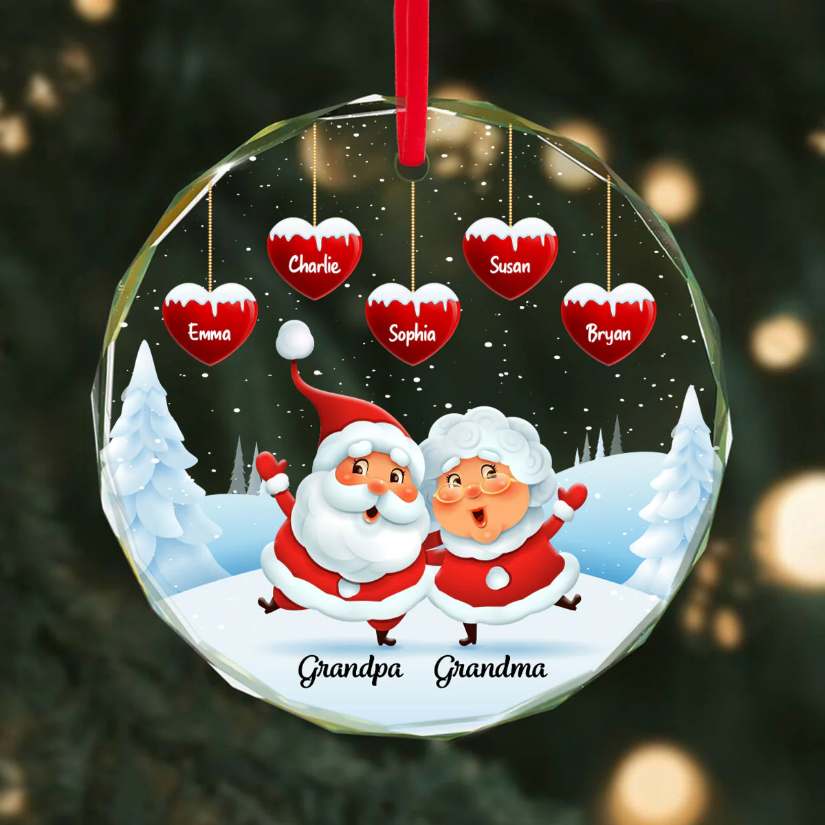 Papa Nana Claus Hearts Kids Names Personalized Glass Ornament - Image 2