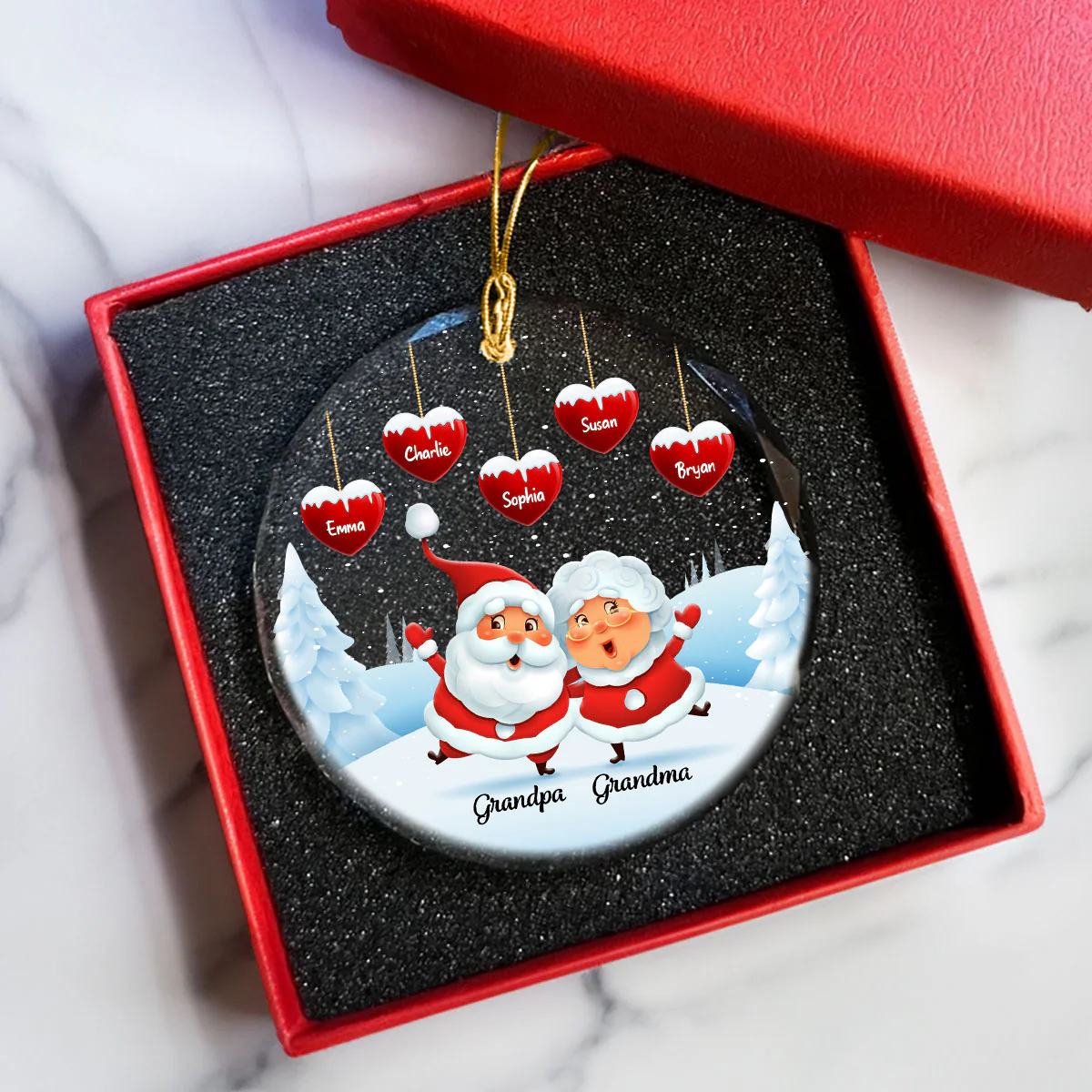 Papa Nana Claus Hearts Kids Names Personalized Glass Ornament - Image 6