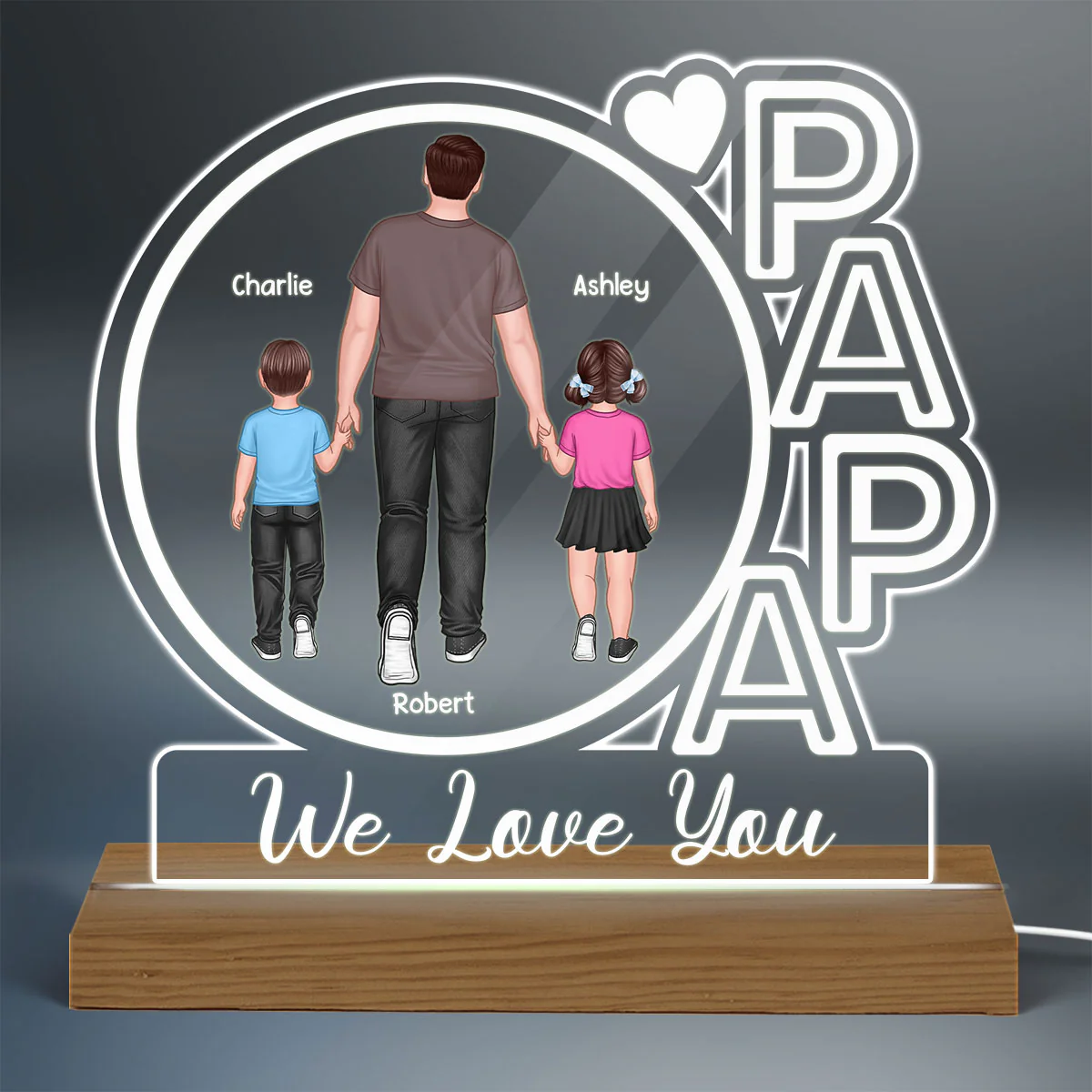 Papa We Love You Back View Walking Man & Kids Personalized Custom Shape Acrylic Plaque With Warm LED Night Light - Image 3