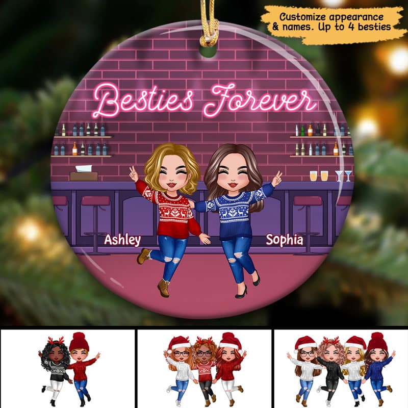 Partners In Wine Happy Doll Besties At Bar Personalized Circle Ornament - Image 2