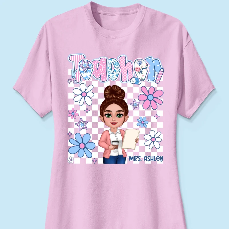 Pastel Blue And Pink Preppy Style Teacher Personalized Shirt| Back To School Gift For Teacher - Image 14