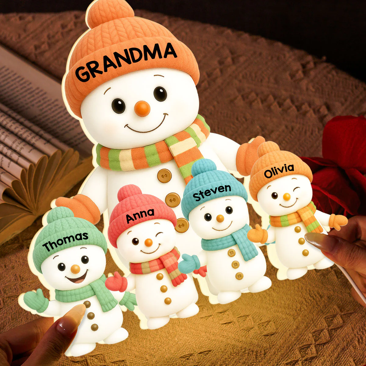 Pastel Color Christmas Grandma Grandkids Snowman Together - Personalized Light Box - Image 5