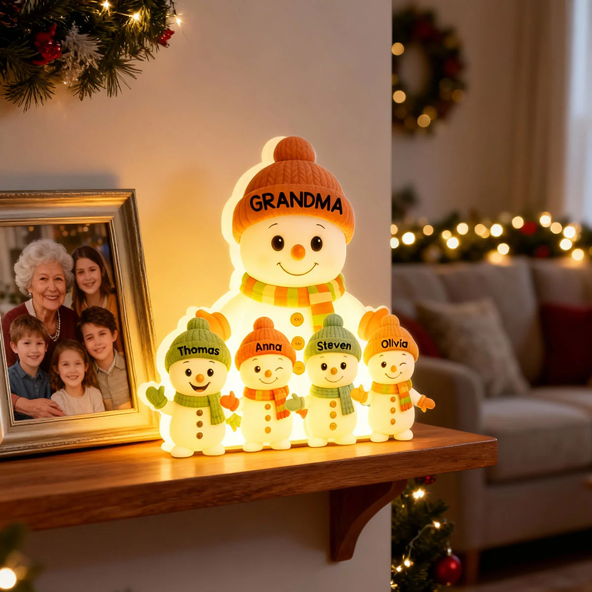 Pastel Color Christmas Grandma Grandkids Snowman Together - Personalized Light Box - Image 8