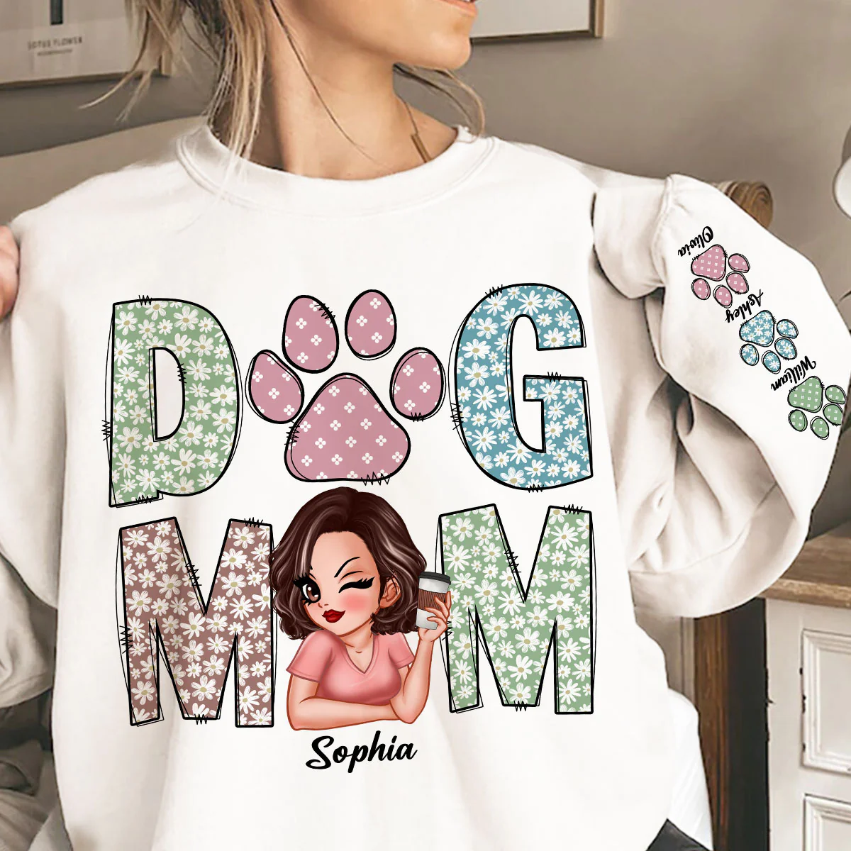 Pastel Floral Dog Mom Gift For Dog Lovers Personalized Sleeve Printed Sweatshirt - Image 5