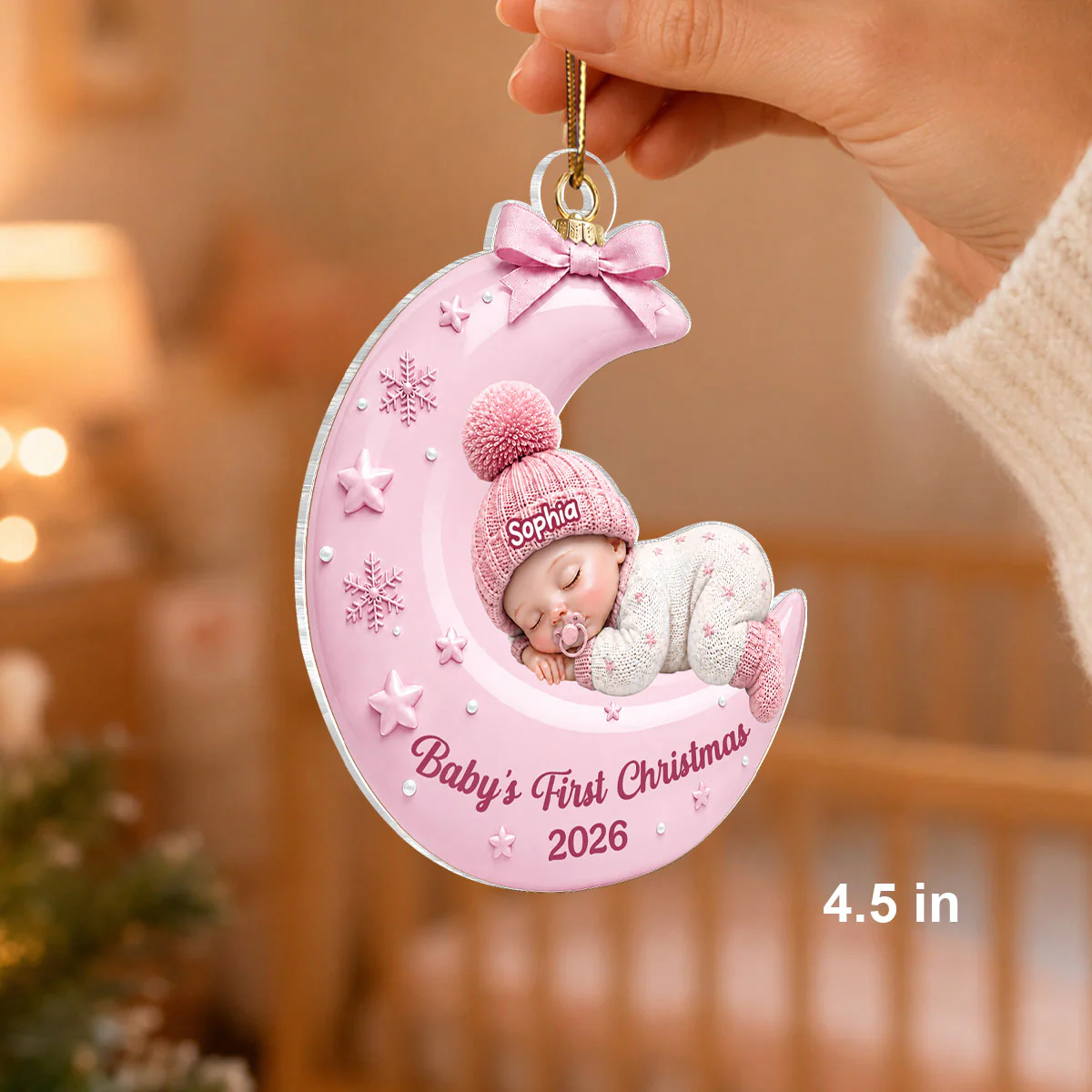 Pastel Pink Baby On Moon - Personalized Acrylic Ornament - Unique Christmas Gift For New Parent, Newborn Keepsake - Image 2