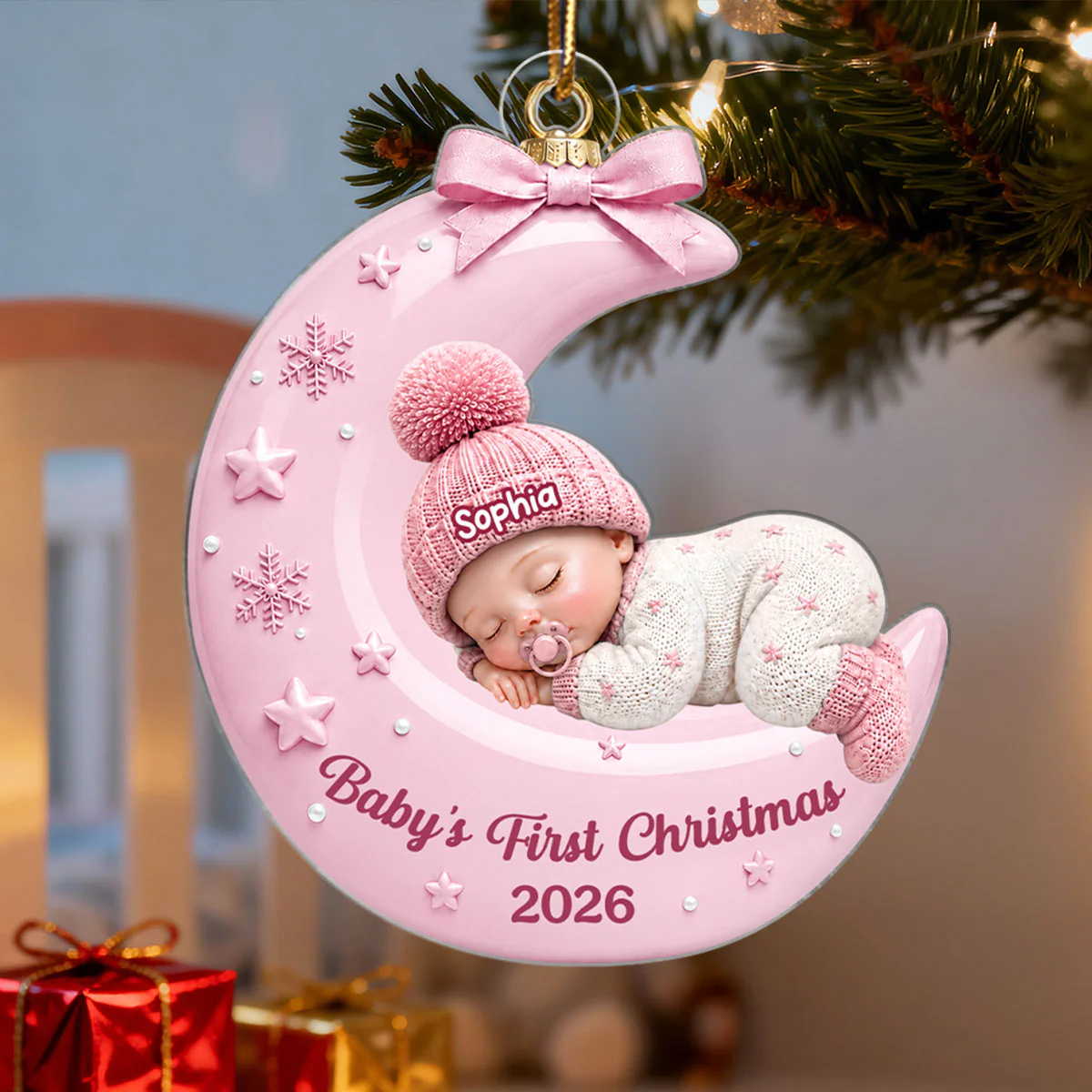 Pastel Pink Baby On Moon - Personalized Acrylic Ornament - Unique Christmas Gift For New Parent, Newborn Keepsake - Image 5