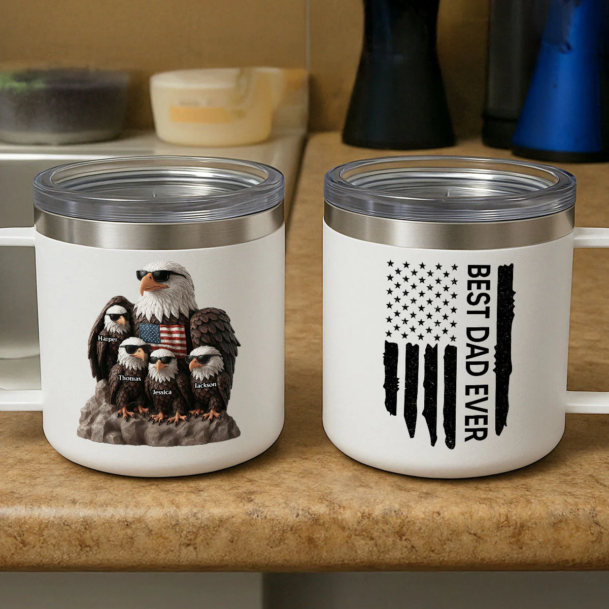 Patriotic Eagle Grandpa Dad & Kids 3D Effect Personalized Stainless Steel Tumbler With Handle - Image 6