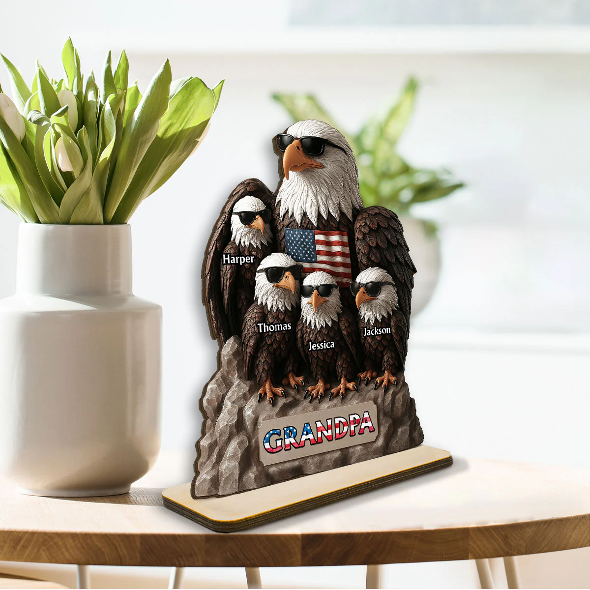 Patriotic Eagle Grandpa Dad & Kids 3D Effect Personalized Standing Wooden Plaque, Gift For Dad Grandpa - Image 3