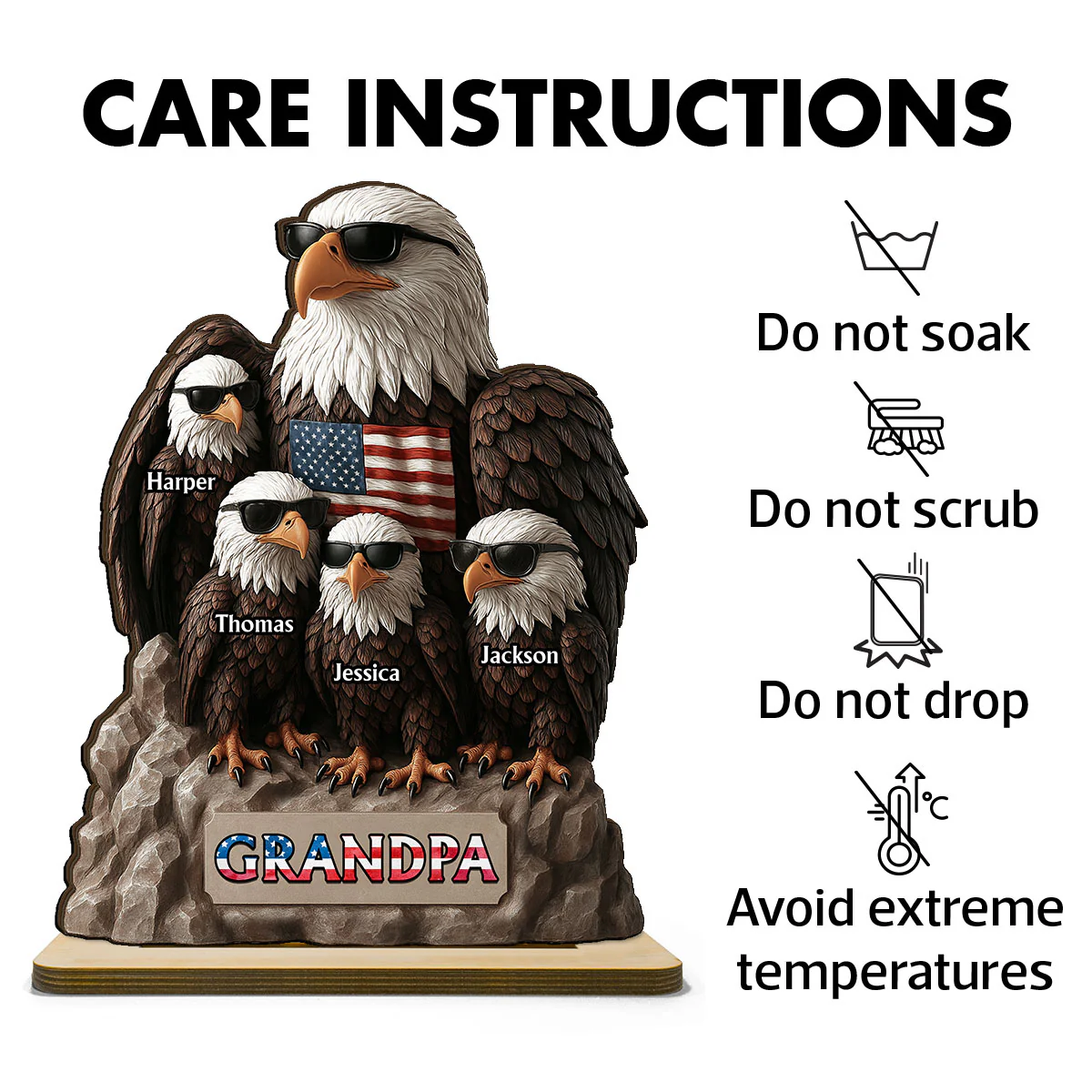 Patriotic Eagle Grandpa Dad & Kids 3D Effect Personalized Standing Wooden Plaque, Gift For Dad Grandpa - Image 7