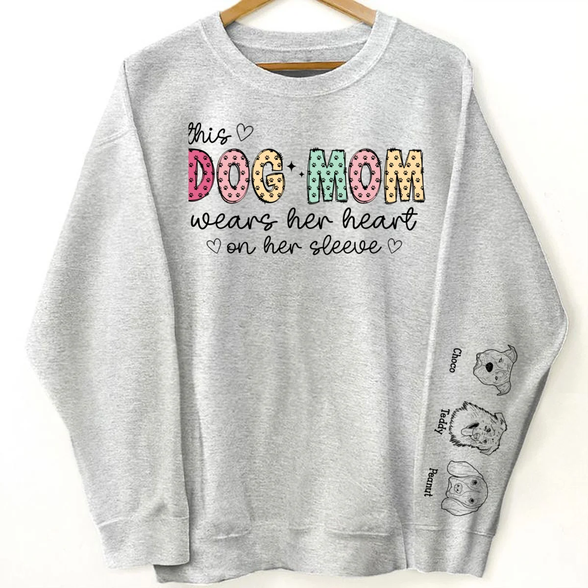 Paw Pattern, This Dog Mom Wears Her Heart On Her Sleeve, Custom Dog Name, Dog Mama, Personalized Sleeve Printed Sweatshirt - Image 8