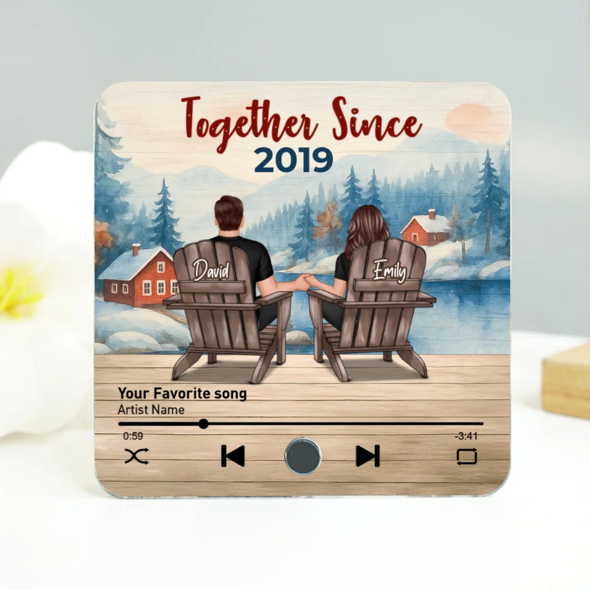 Peaceful Lakeside Forest Scene Couple Sitting Back View Personalized Music Magnet - Image 10