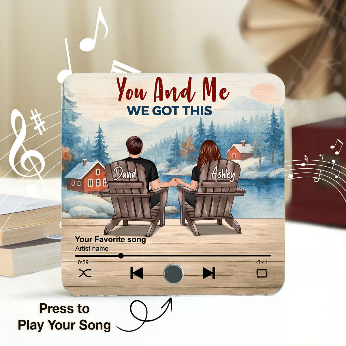 Peaceful Lakeside Forest Scene Couple Sitting Back View Personalized Music Magnet - Image 3