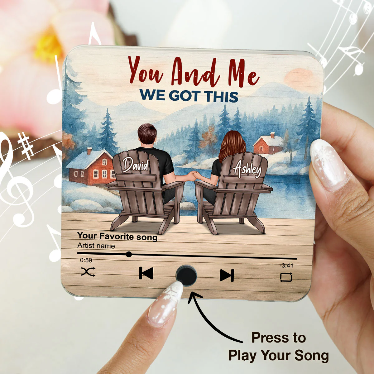 Peaceful Lakeside Forest Scene Couple Sitting Back View Personalized Music Magnet - Image 4