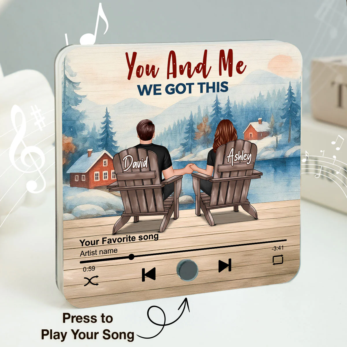 Peaceful Lakeside Forest Scene Couple Sitting Back View Personalized Music Magnet - Image 5