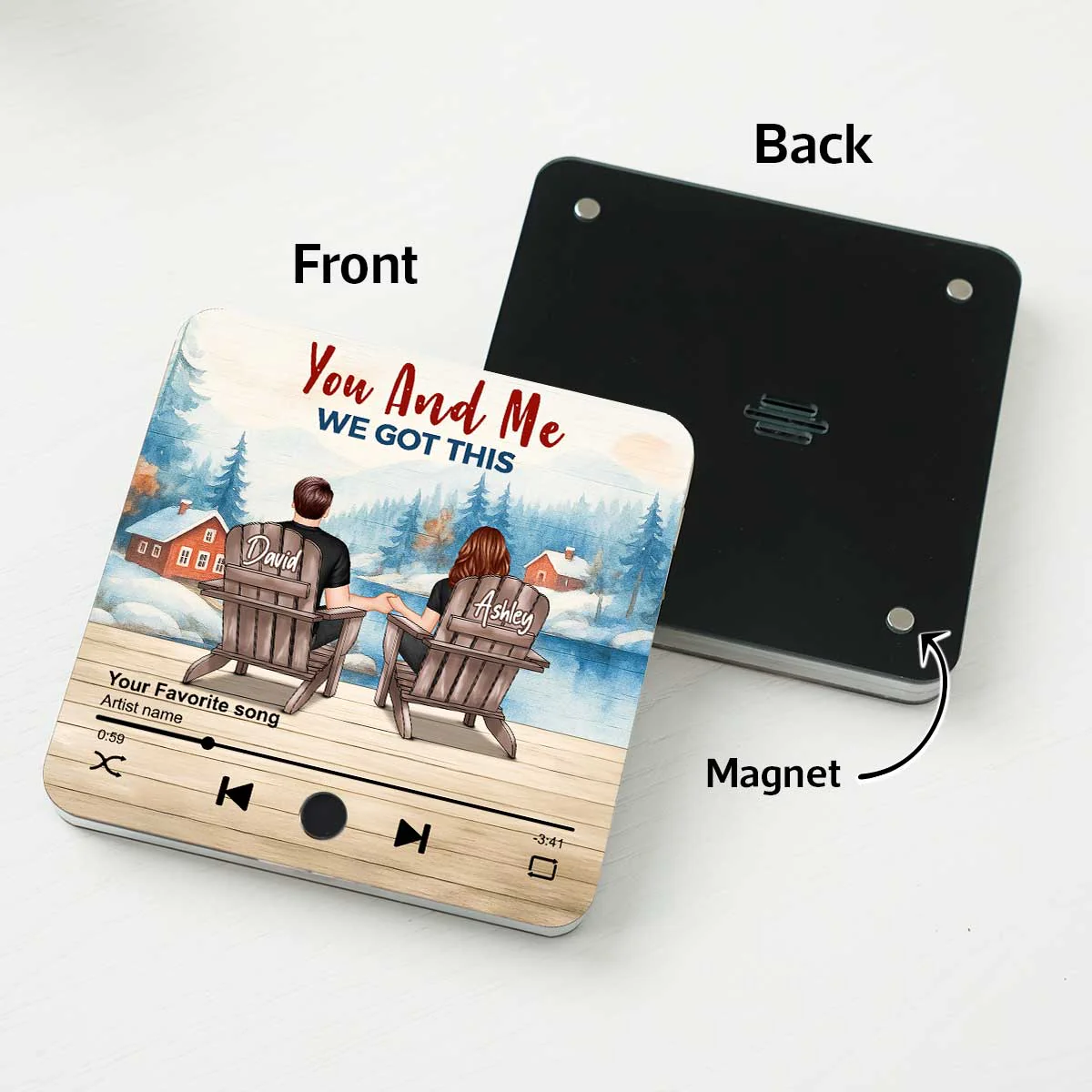 Peaceful Lakeside Forest Scene Couple Sitting Back View Personalized Music Magnet - Image 7