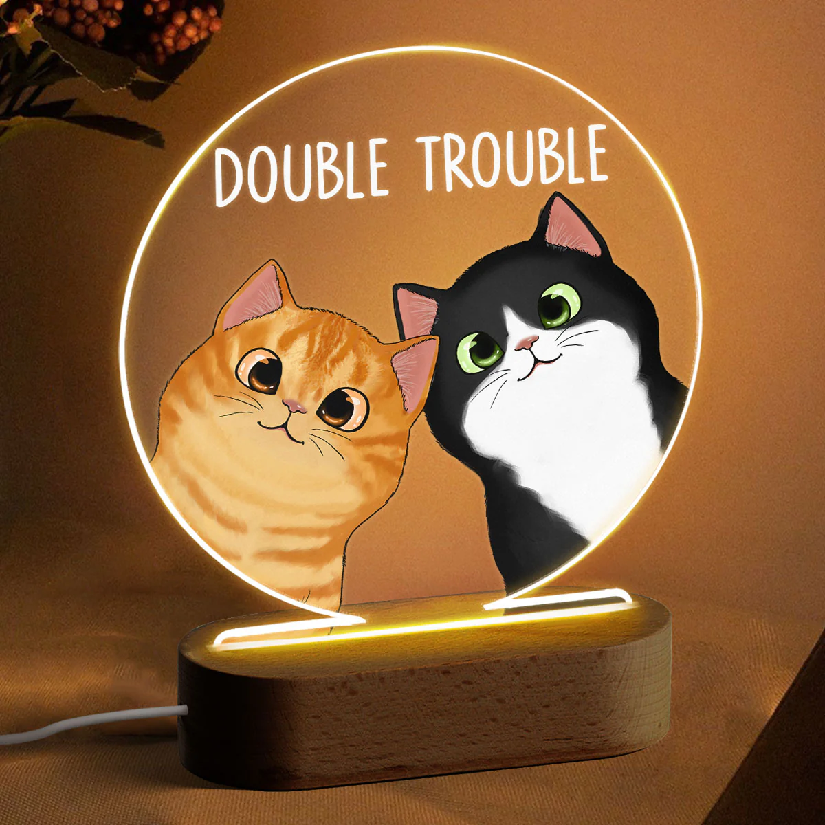 Peeking Cats Double Trouble Personalized Circle Acrylic Plaque LED Lamp Night Light - Image 4