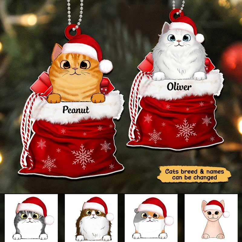 Peeking Cats In Christmas Gift Basket Personalized Wooden Ornament - Image 2