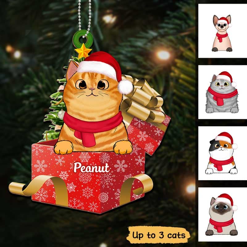 Peeking Cats On Christmas Gifts Personalized Wooden Ornament - Image 2