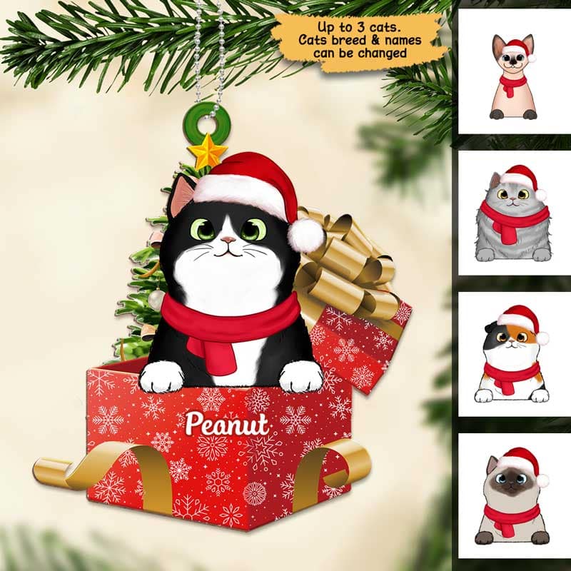 Peeking Cats On Christmas Gifts Personalized Wooden Ornament - Image 3