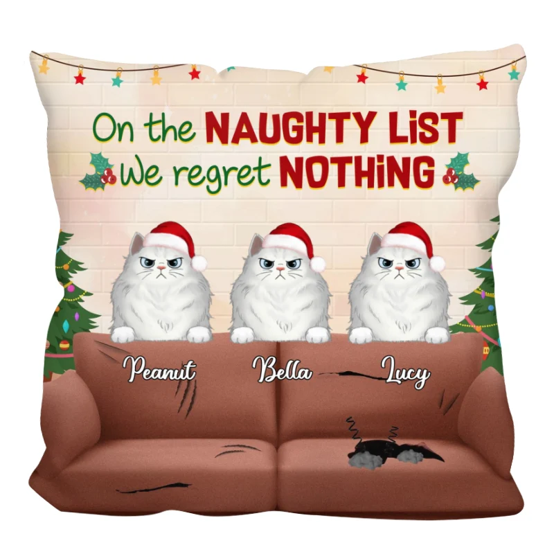 Peeking Cats Scratch Sofa On The Naughty List Regret Nothing Personalized Pillow (Insert Included)