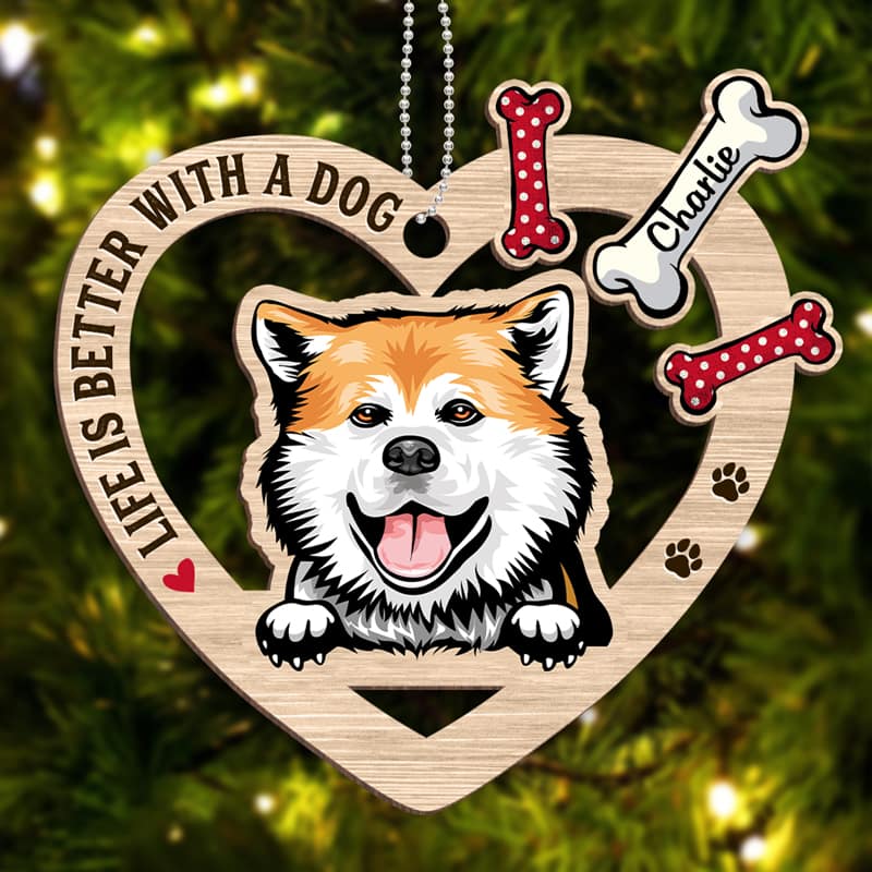 Peeking Dog Inside Heart Personalized Christmas Wooden Ornament - Image 3