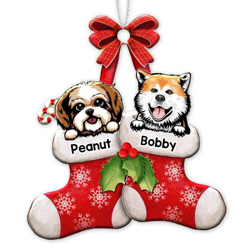 Peeking Dog On Christmas Stocking Personalized Wooden Ornament