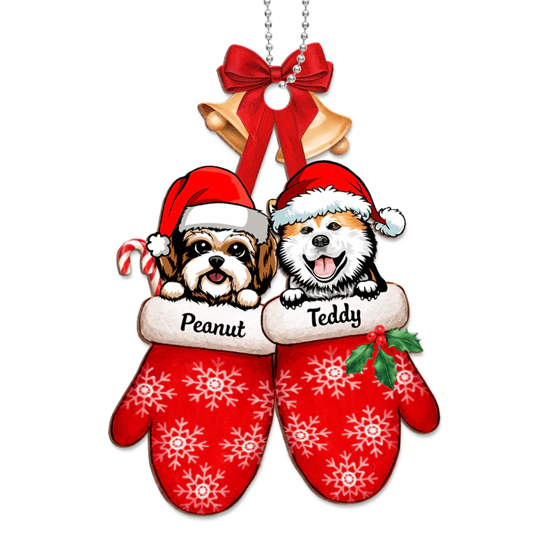 Peeking Dogs On Christmas Gloves Personalized Wooden Ornament