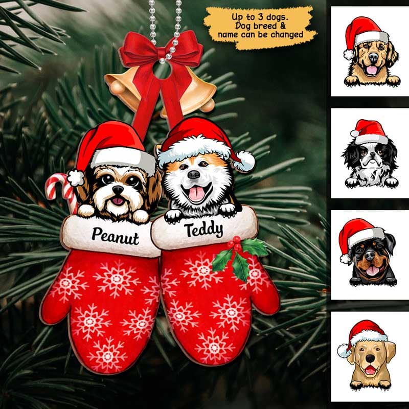 Peeking Dogs On Christmas Gloves Personalized Wooden Ornament - Image 2
