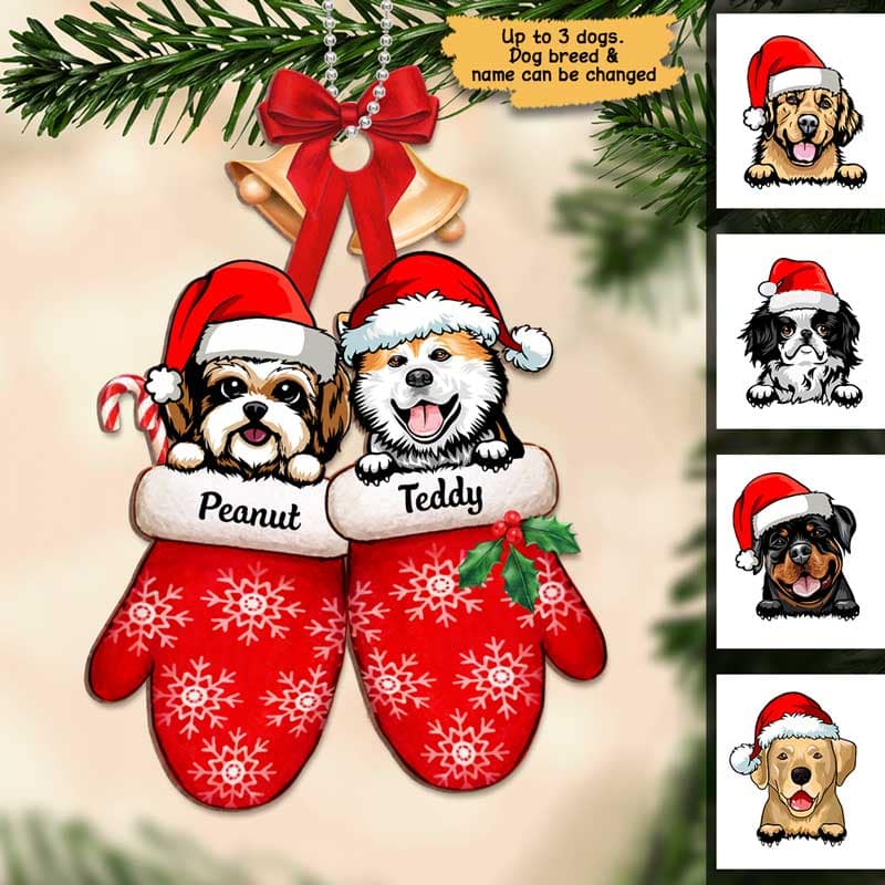 Peeking Dogs On Christmas Gloves Personalized Wooden Ornament - Image 3