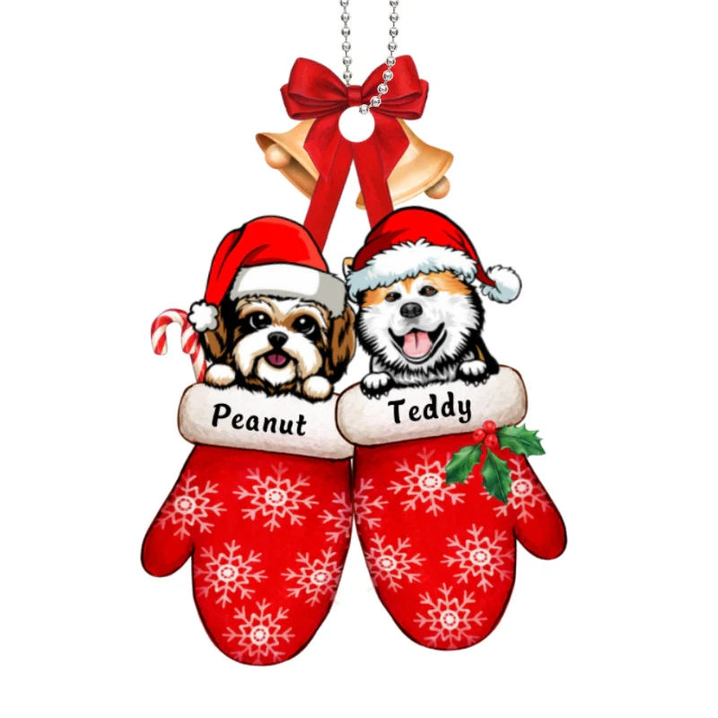 Peeking Dogs On Christmas Gloves Personalized Wooden Ornament - Image 4