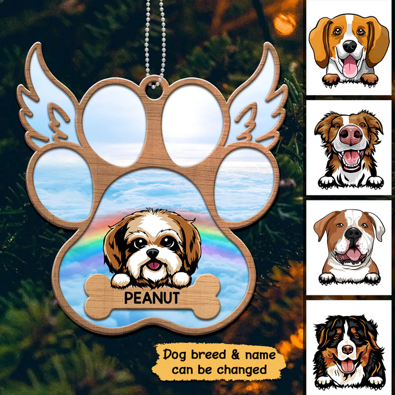 Peeking Dogs Paw Angel Wings Memorial Personalized Wooden Ornament - Image 2