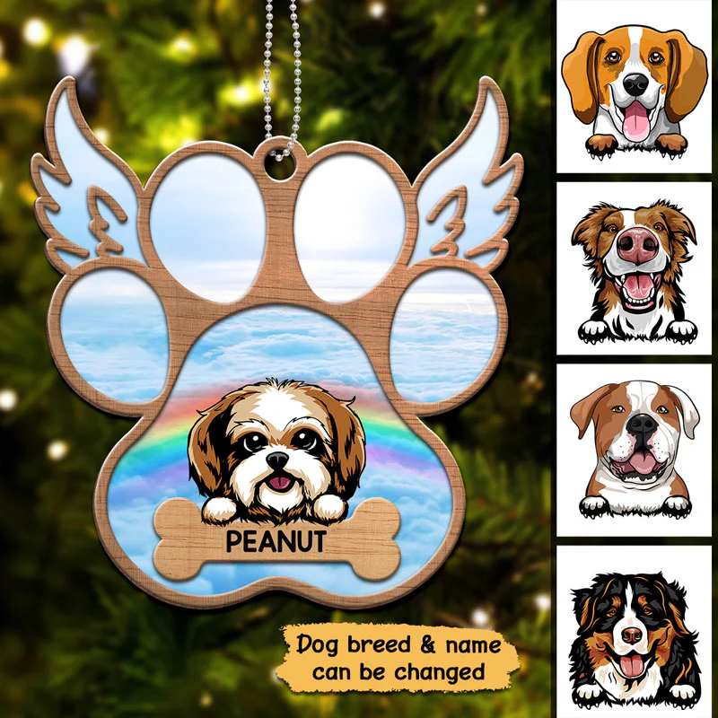Peeking Dogs Paw Angel Wings Memorial Personalized Wooden Ornament - Image 3