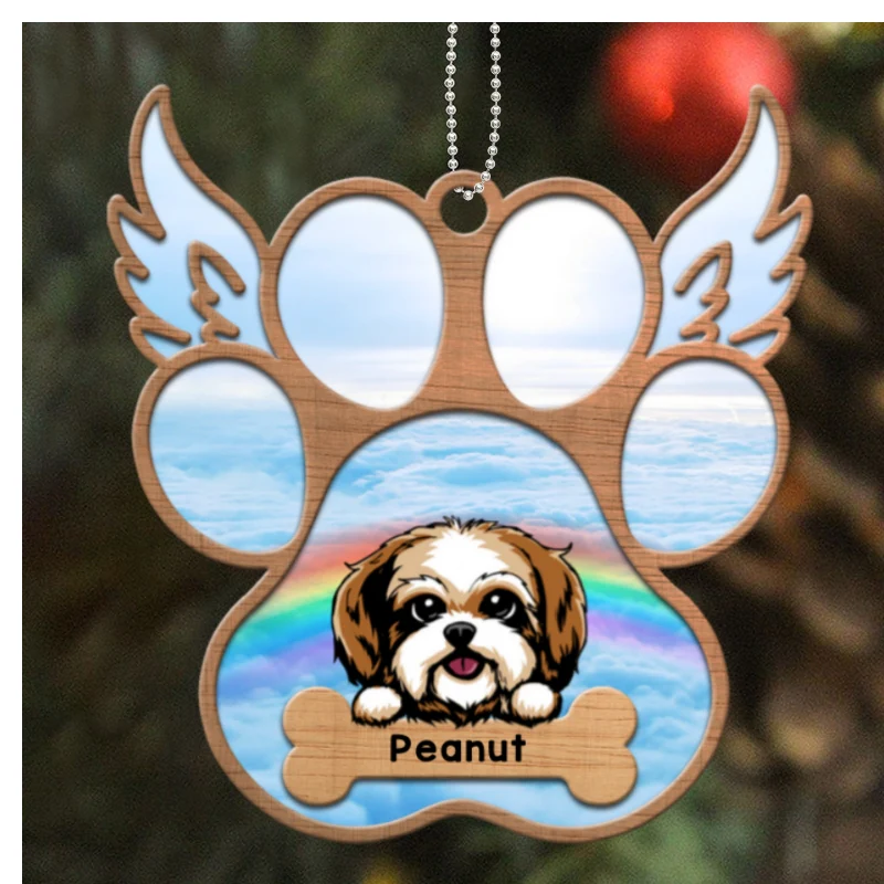 Peeking Dogs Paw Angel Wings Memorial Personalized Wooden Ornament - Image 4