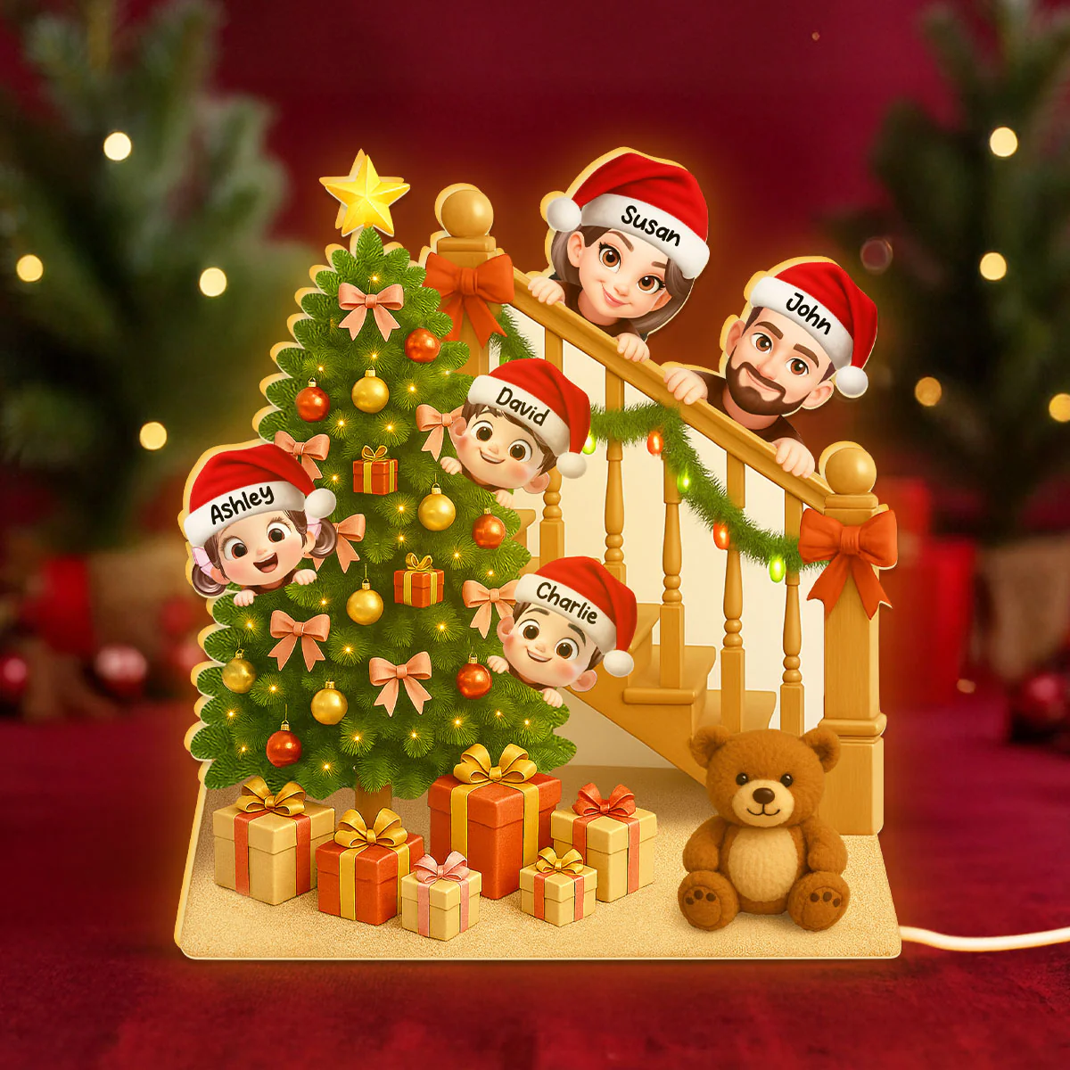 Peeking Family Christmas Tree And Stair Personalized LED Light Box - Image 2